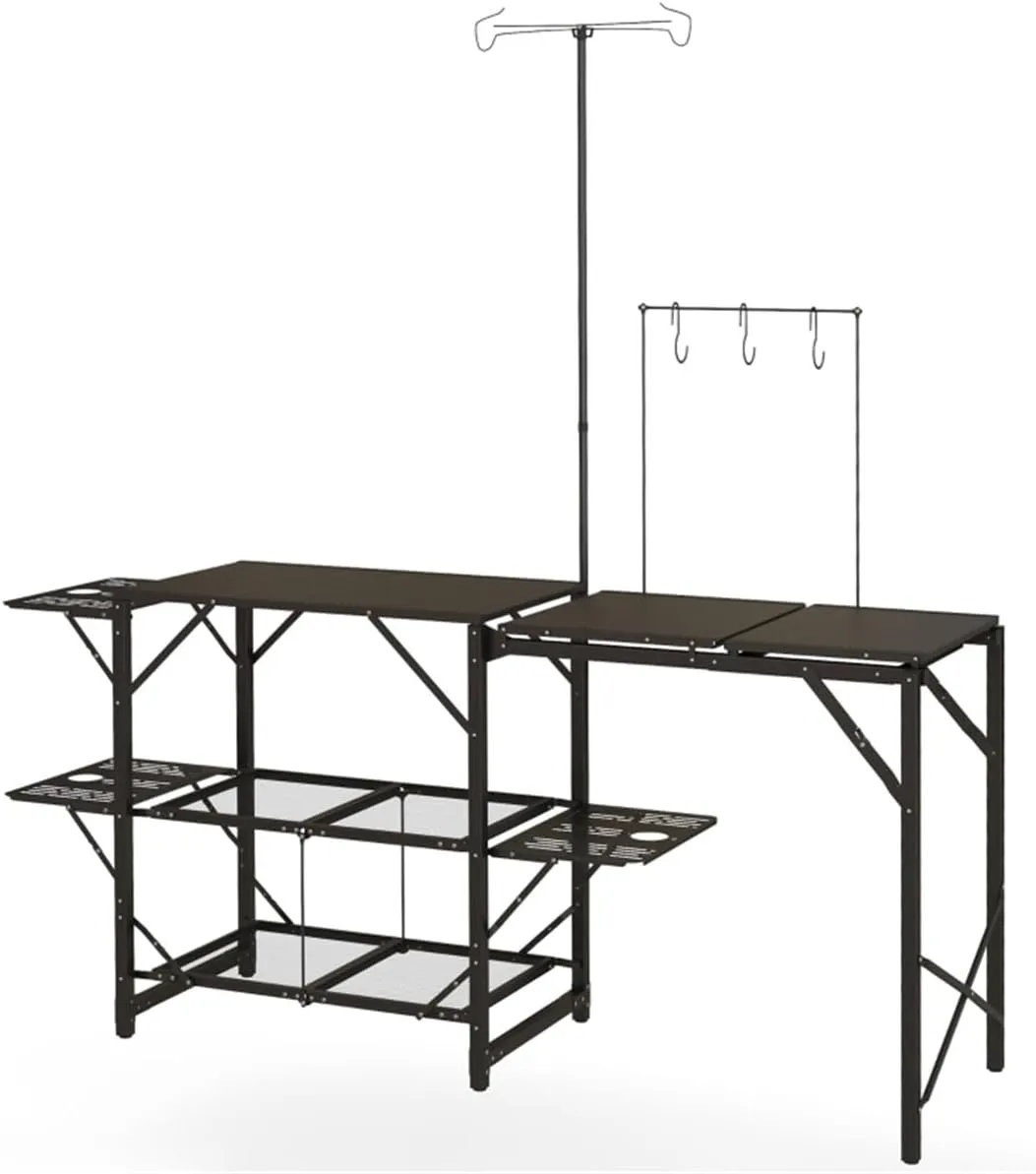 Camping Kitchen Station, Folding Grill Table with Side Tables, Portable Camp Cook Outdoor Station Backyard BBQ,Portable Folding Cooking Table Outdoor Foldable Camp Table Cupboards for BBQ, Beach Party