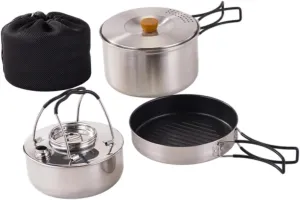 Camping Mess Kit 1.5L Kettle Folding Handle Multifunction Portable Frying Pan Outdoor Camping Cookware for Fishing Camping