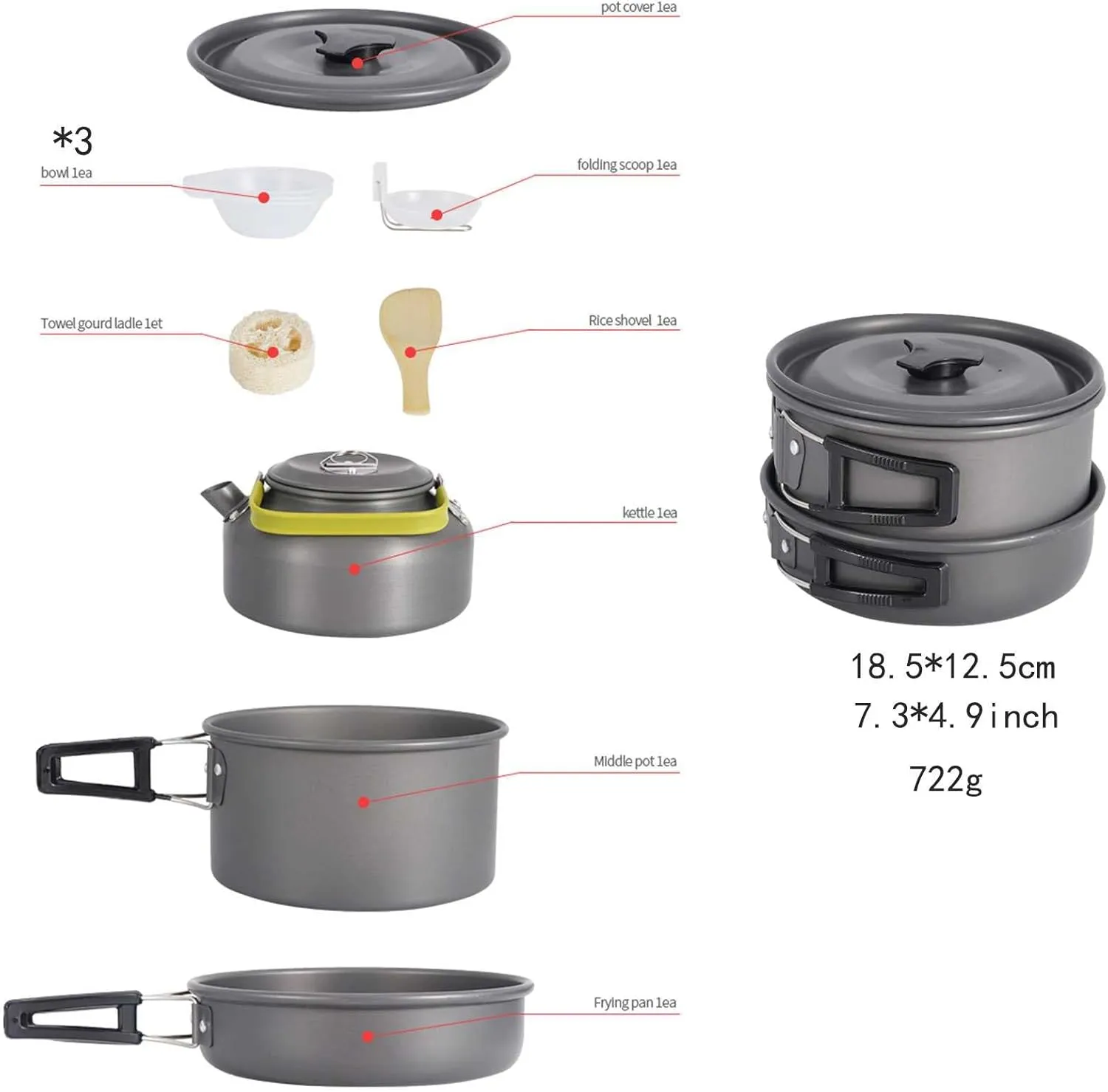Camping Portable Kettle Outdoor Set Sundries Bag Mountaineering Picnic Barbecue Non-Stick Cookware for 3~4 People (Gray 18.5 * 12.5CM)