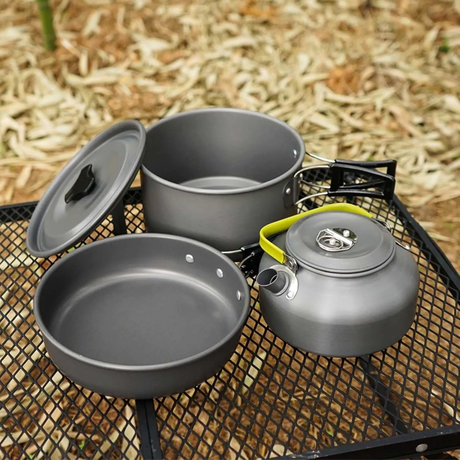Camping Portable Kettle Outdoor Set Sundries Bag Mountaineering Picnic Barbecue Non-Stick Cookware for 3~4 People (Gray 18.5 * 12.5CM)