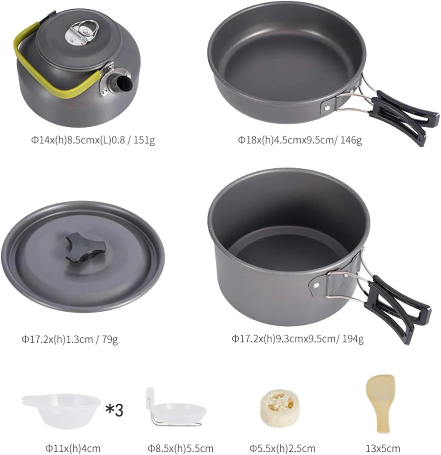 Camping Portable Kettle Outdoor Set Sundries Bag Mountaineering Picnic Barbecue Non-Stick Cookware for 3~4 People (Gray 18.5 * 12.5CM)