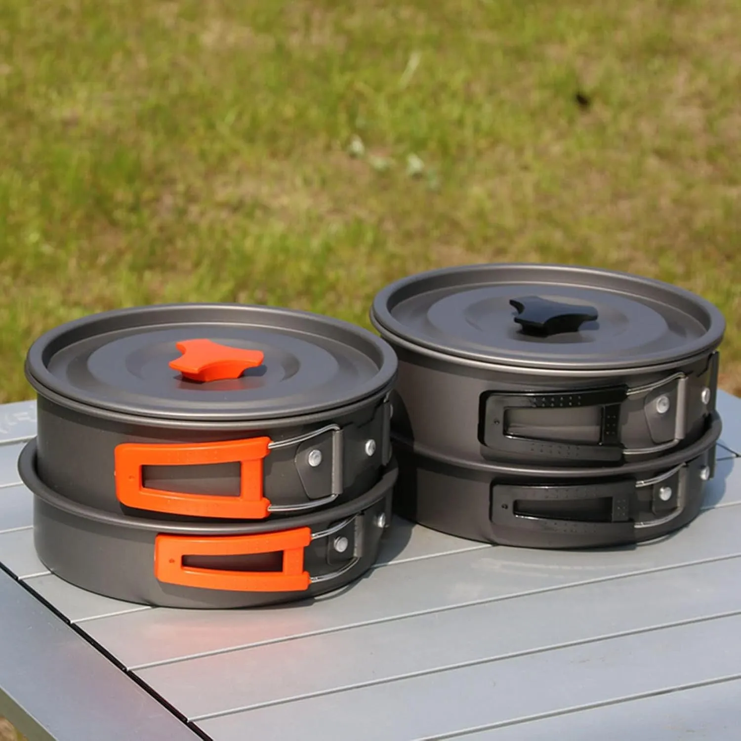 Camping Pot Set, Aluminum Alloy Hard Oxidized Pot Pan Kettle Camping Cookware Set with Foldable Handle