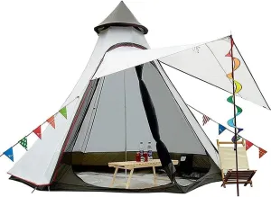 Camping Pyramid Teepee Tent, Double Layer Indian Yurt Tent, 4-6 Person Outdoor Family Trip Shelter, Black & White (Polyester, Mesh)