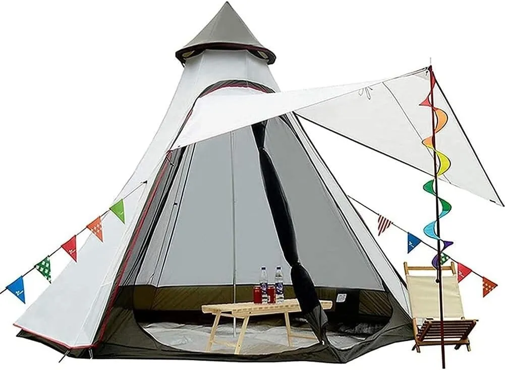 Camping Pyramid Teepee Tent, Double Layer Indian Yurt Tent, 4-6 Person Outdoor Family Trip Shelter, Black & White (Polyester, Mesh)
