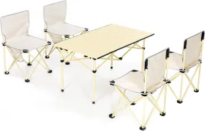 Camping Table Chairs and Chair Set, Portable Outdoor Picnic Table, Rollable Desktop 93.5x54.5x49cm