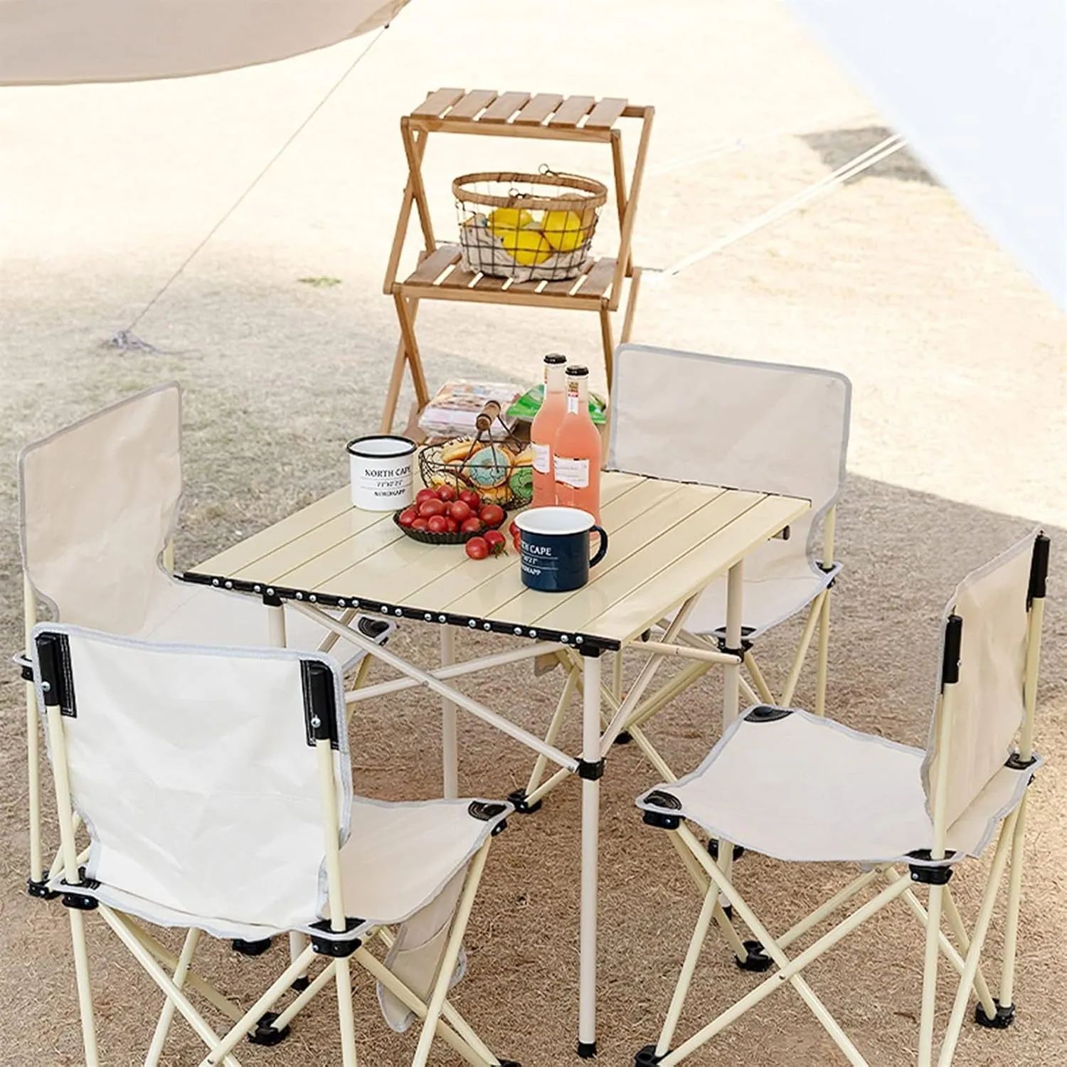 Camping Table Chairs and Chair Set, Portable Outdoor Picnic Table, Rollable Desktop 93.5x54.5x49cm