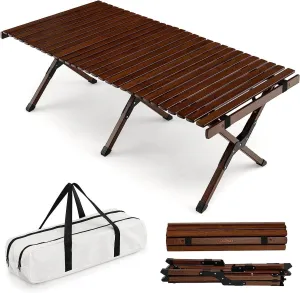 Camping Table, Folding Picnic Table, 4FT Roll Up Camping Table with Storage Bag for 4-6 People, Outdoor Indoor Low Height Bamboo Dining Table for Party BBQ Hiking