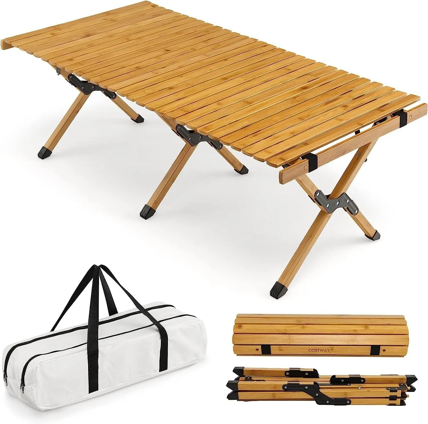 Camping Table, Folding Picnic Table, 4FT Roll Up Camping Table with Storage Bag for 4-6 People, Outdoor Indoor Low Height Bamboo Dining Table for Party BBQ Hiking