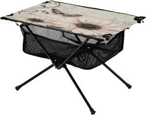 Camping Table Lightweight Portable Folding Table with Mesh Storage Net Wood Grain Retro Butterfly Ideal for Camping Hiking Beach Picnic Travel Backyard