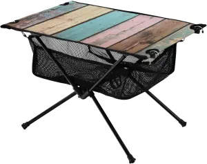 Camping Table Lightweight Portable Folding Table with Mesh Storage Net Wood Grain Retro Ideal for Camping Hiking Beach Picnic Travel Backyard