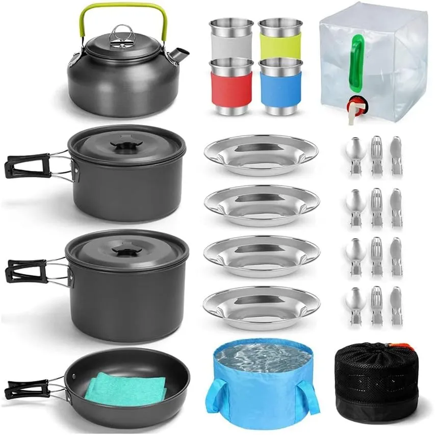 Camping Tableware Set 4 Person Outdoor Picnic Cooking Supplies with Bucket Bowl Pans Fold Fork Cookware 29PCS Kit