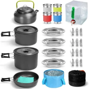 Camping Tableware Set 4 Person Outdoor Picnic Cooking Supplies with Bucket Bowl Pans Fold Fork Cookware 29PCS Kit