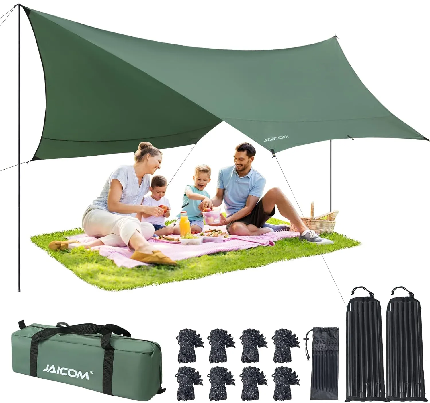 Camping Tarp, 14 X 12FT Tarp with 2 Poles, Waterproof & Lightweight Tent Tarp Car Awning, UV UPF50  Rain Fly Sun Shelter Can Used with Hammock in Outdoor, Garden and Backpacking