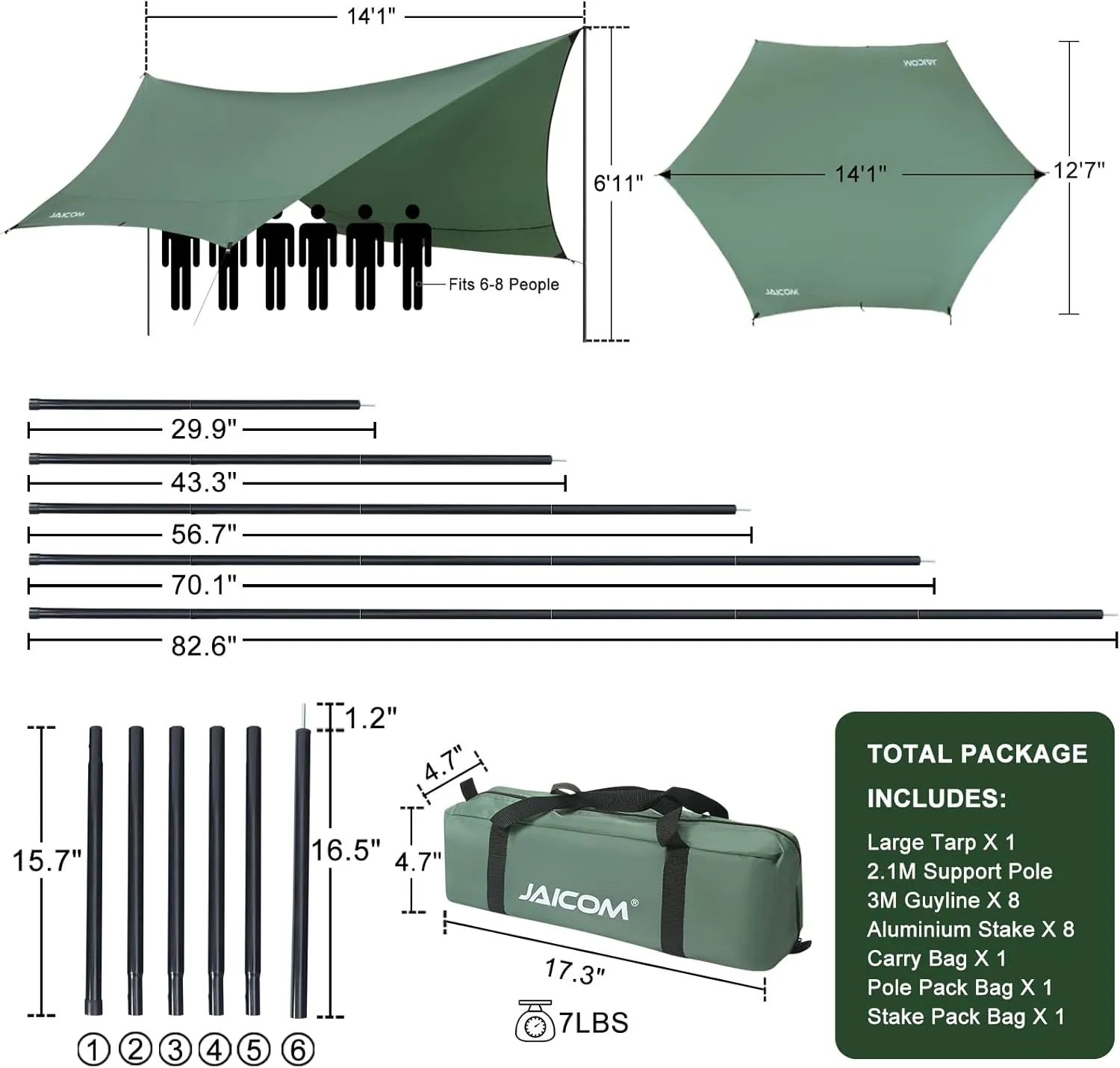 Camping Tarp, 14 X 12FT Tarp with 2 Poles, Waterproof & Lightweight Tent Tarp Car Awning, UV UPF50  Rain Fly Sun Shelter Can Used with Hammock in Outdoor, Garden and Backpacking