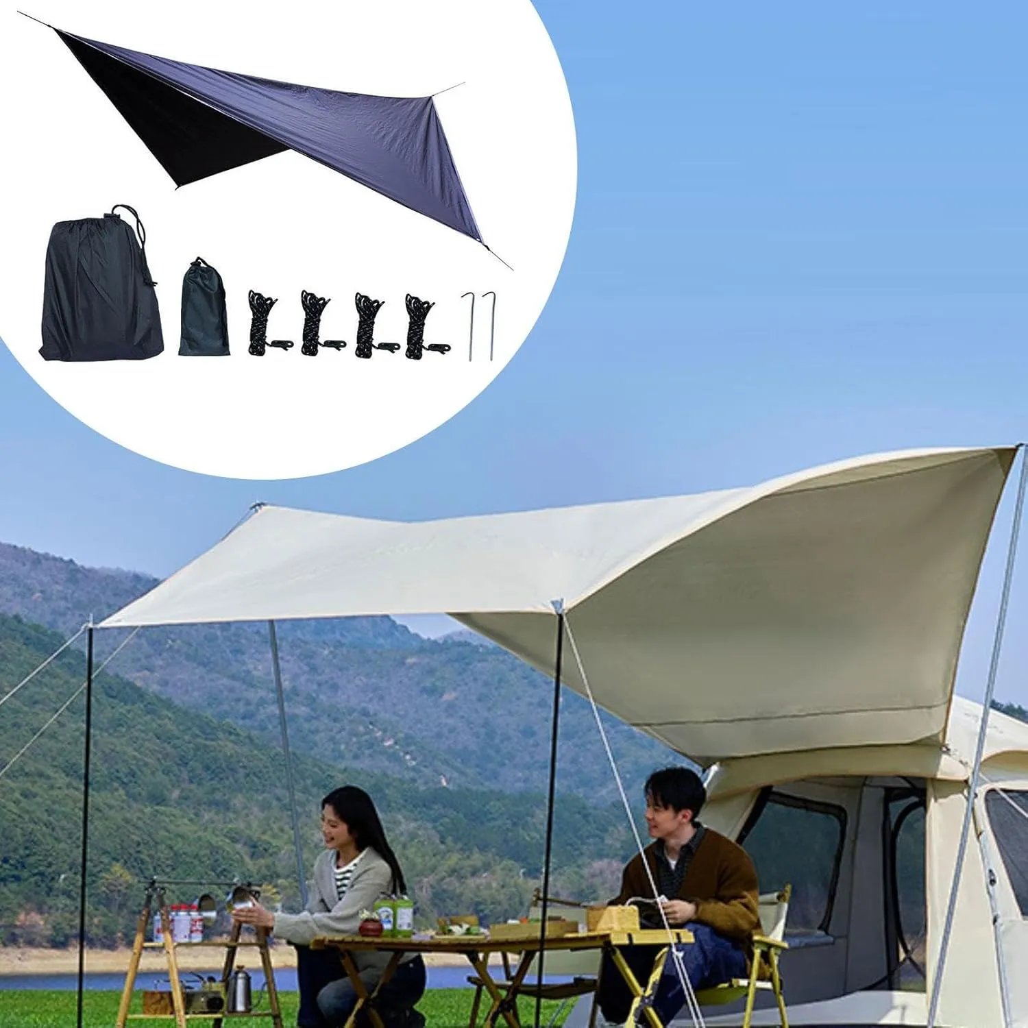 Camping Tarp Camping Tent Tarp Portable with Storage Bag Waterproof Canopy Rain Awning for Garden Traveling Picnic, Black