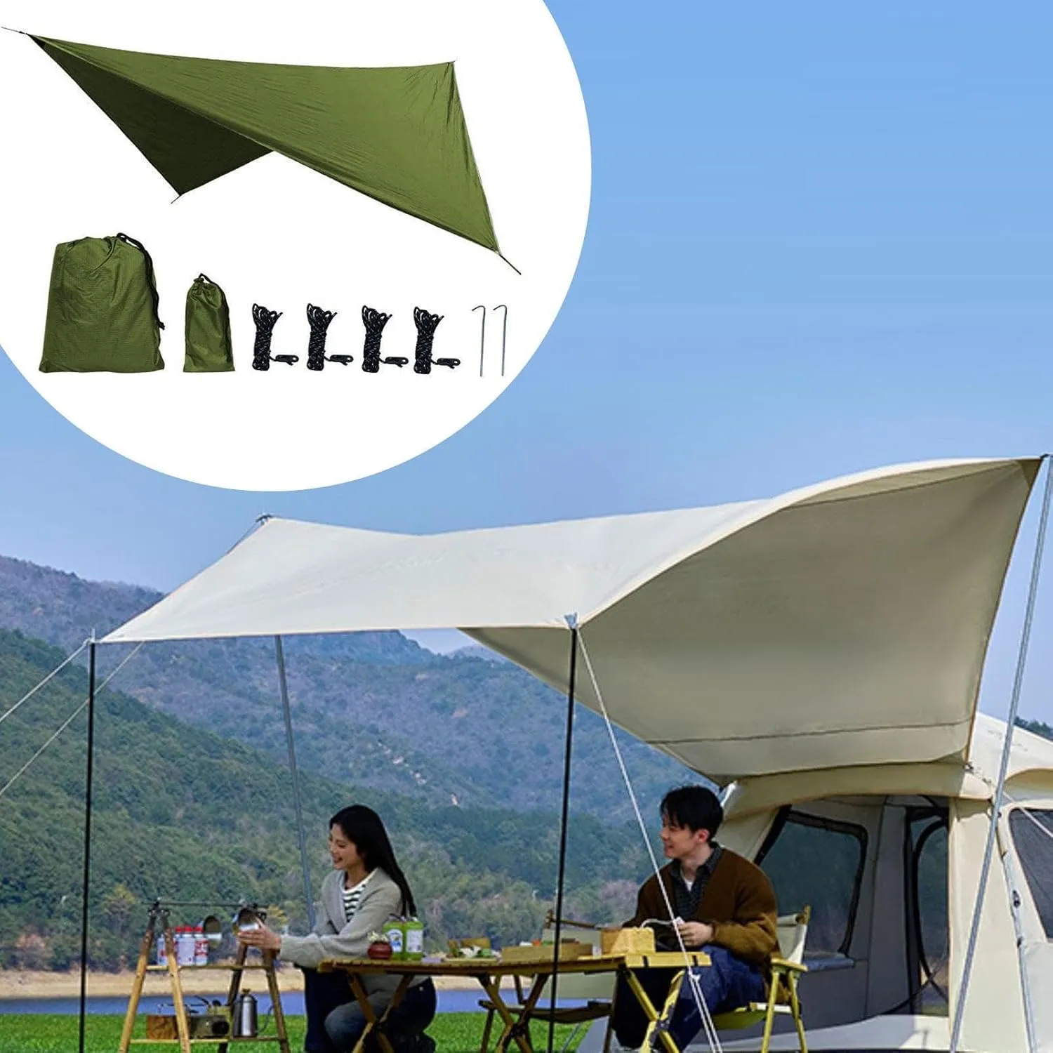 Camping Tarp Camping Tent Tarp Portable with Storage Bag Waterproof Canopy Rain Awning for Garden Traveling Picnic, Green