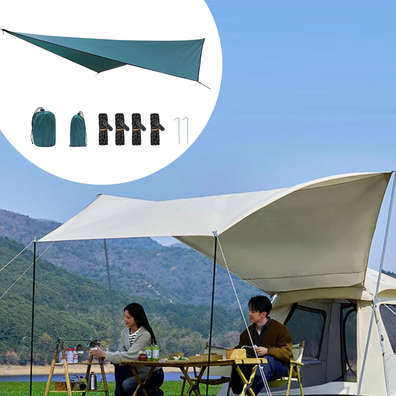 Camping Tarp Hammock Canopy Large Portable Camping Tent Tarp Canopy for Beach Outdoor Activities Garden Travel Picnic, Dark Green