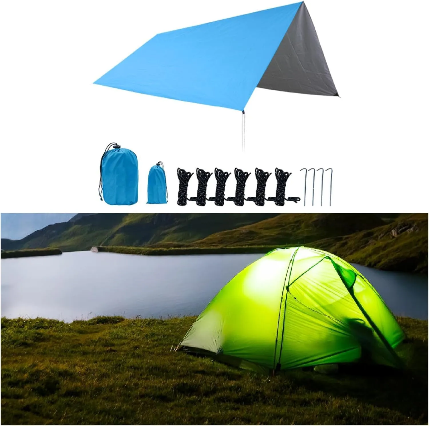 Camping Tarp Rain Shelter Rainproof Compact Hammock Tarp Tent Tarp Camping Canopy for Garden BBQ Hiking Traveling Backpacking, Blue