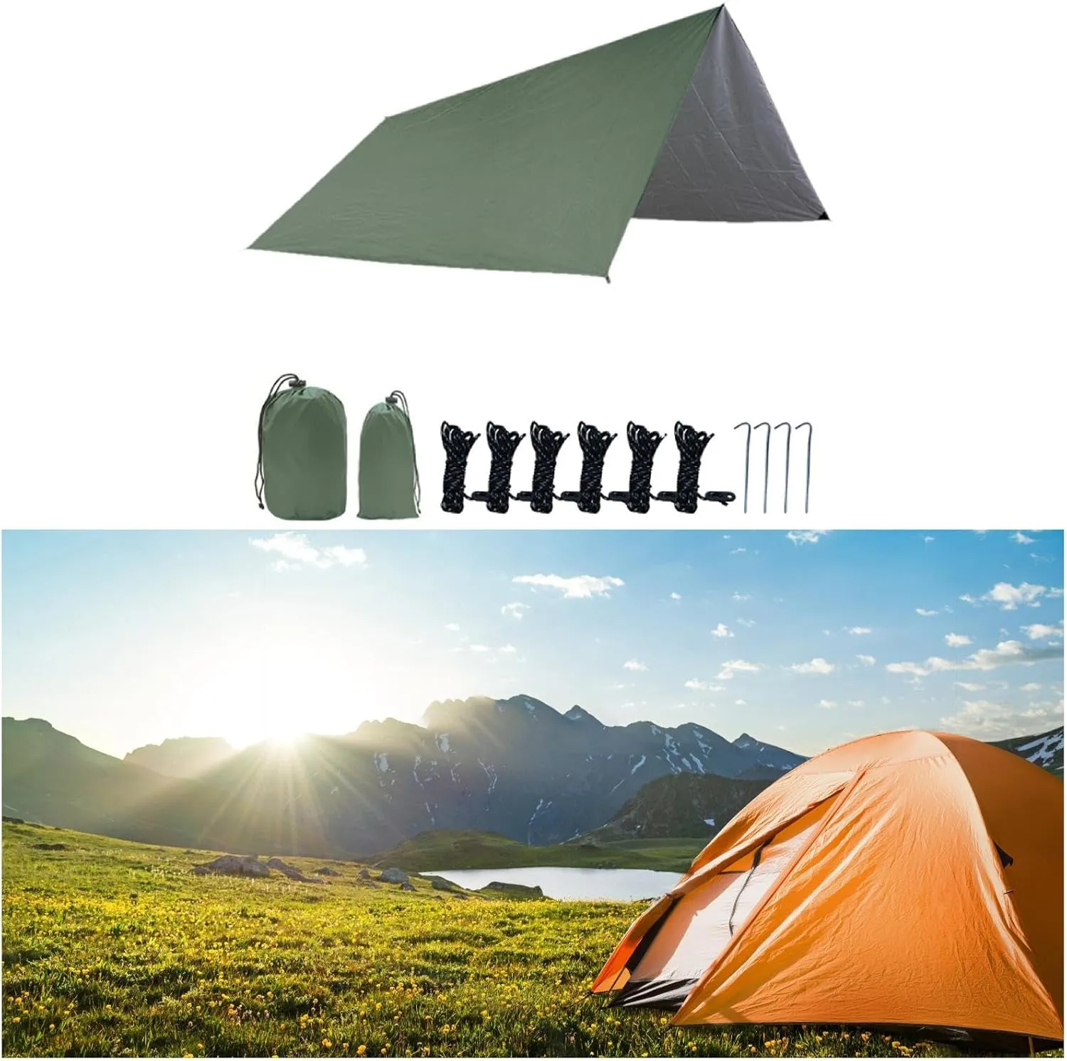 Camping Tarp Rain Shelter Rainproof Compact Hammock Tarp Tent Tarp Camping Canopy for Garden BBQ Hiking Traveling Backpacking, Green