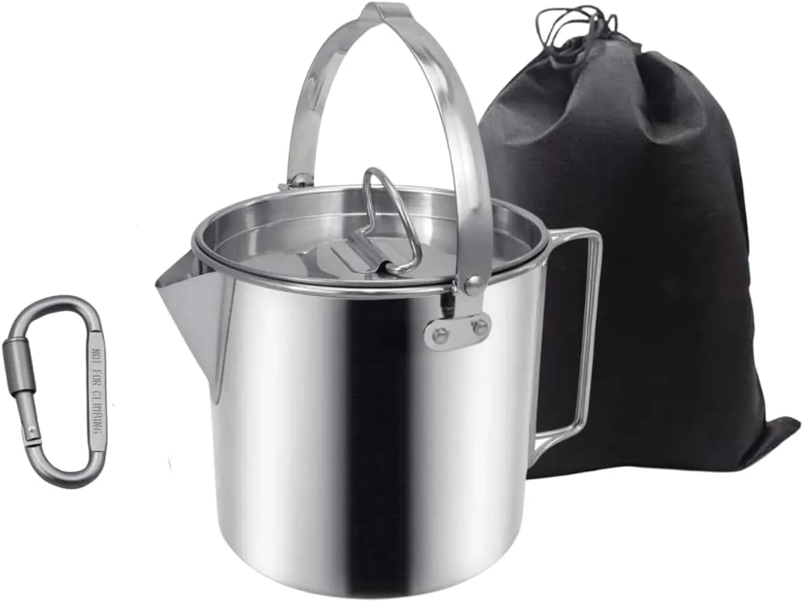 Camping Tea Kettle Stainless Steel Hiking Pot Portable 1.2L Coffee Pot with Handles and with Lids for Camping Hiking Picnic