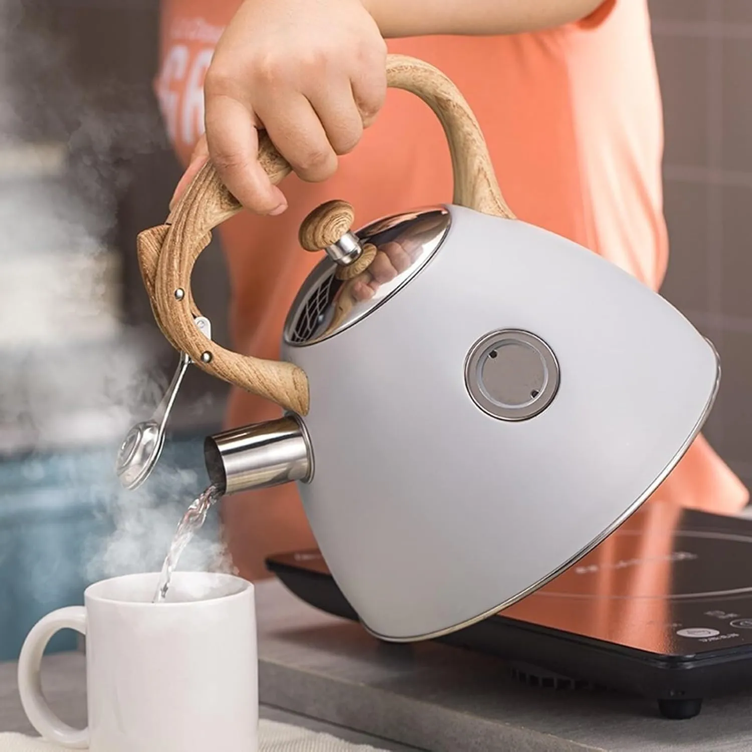 Camping Teapot, Tea Kettle Stovetop, Stainless Steel Tea Pot for Stove Top Whistling 3.2 Quart for Heating Water, Fast Boiling Water