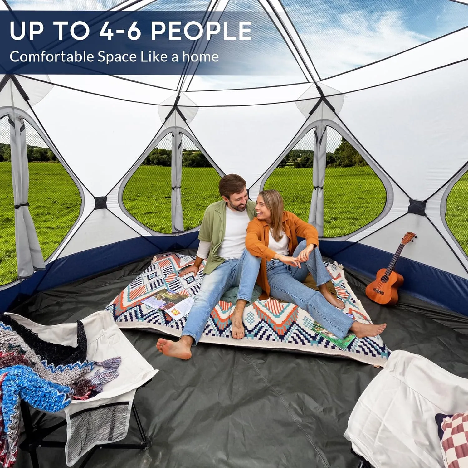 Camping Tent 4/6 Person with Canopy XL, Hub Tent with 10 Windows, PU2000 Waterproof Pop Up Cabin Tent Setup in 60 Seconds, Gazebo for Outdoor