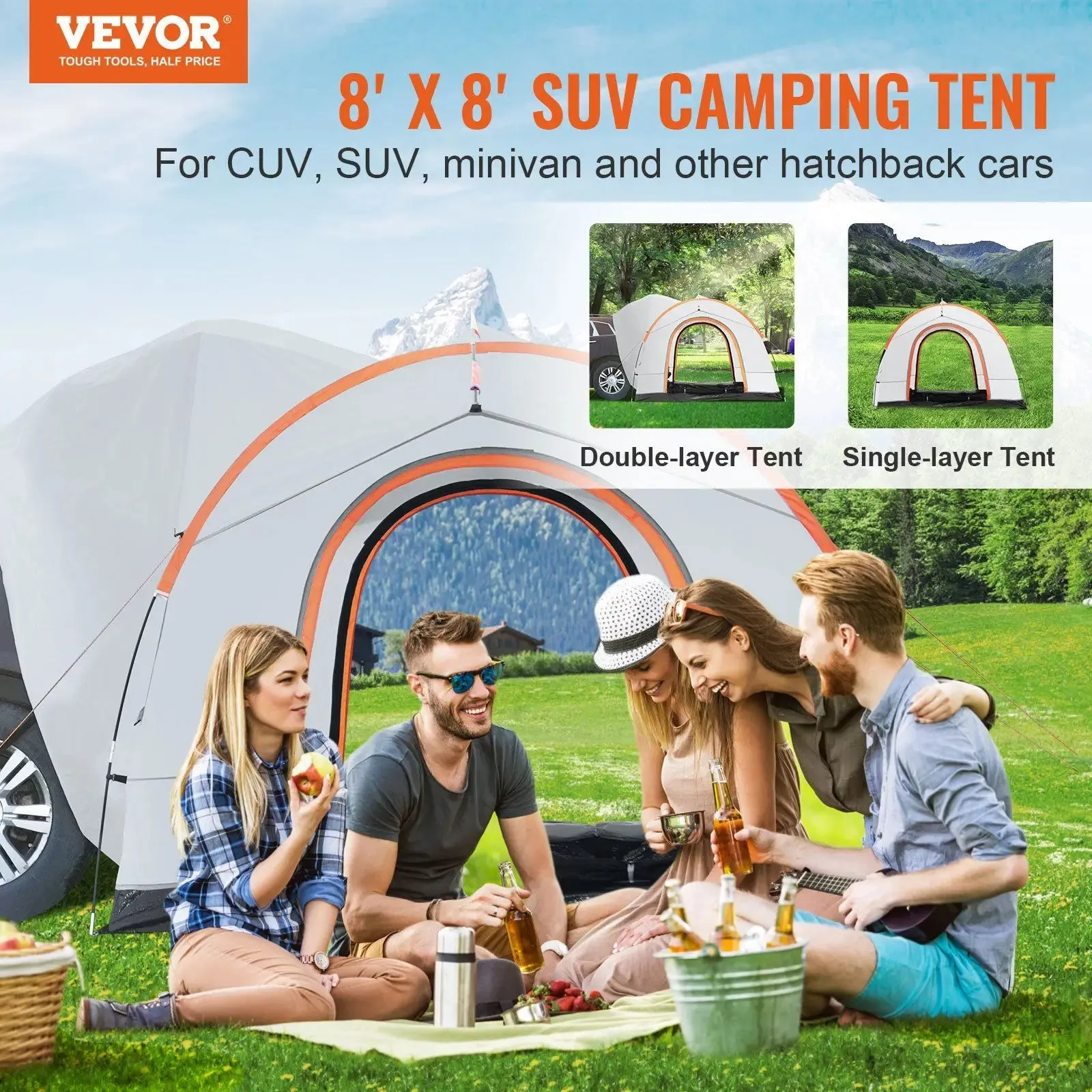 Camping Tent, 8'-8' SUV Tent Attachment for Camping with Rain Layer and Carry Bag, Accommodate 6-8.