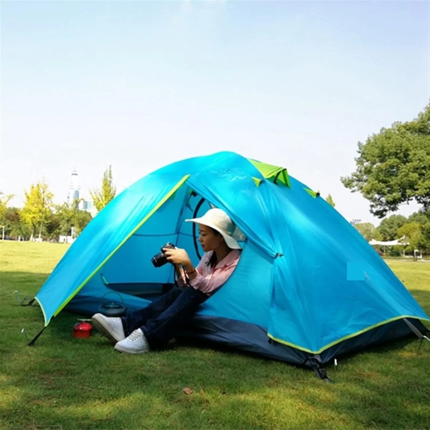 Camping Tent Camping Tent, Aluminum Poles Outdoor Travel Double Layer Waterproof Windproof Lightweight Backpacking Tent (Color : Blue) (Green One Size