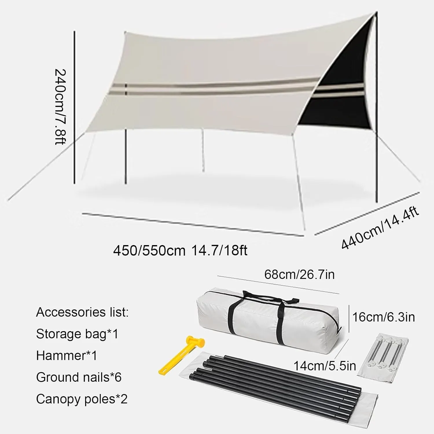 Camping Tent Tarps, Multifunctional Waterproof Canopy Sun Shade, Awning Fabric with Segmented Metal Support Poles for Beach, Park, Hammock, Picnic