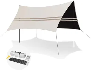 Camping Tent Tarps, Multifunctional Waterproof Canopy Sun Shade, Awning Fabric with Segmented Metal Support Poles for Beach, Park, Hammock, Picnic