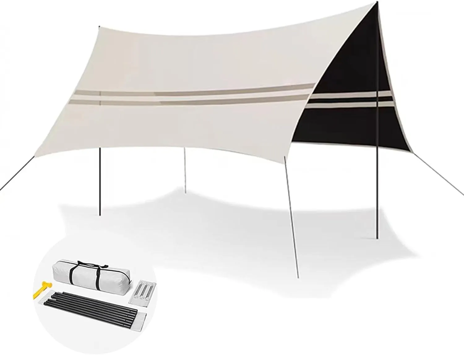 Camping Tent Tarps, Multifunctional Waterproof Canopy Sun Shade, Awning Fabric with Segmented Metal Support Poles for Beach, Park, Hammock, Picnic