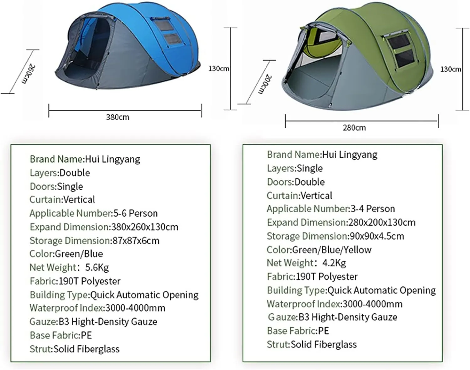 Camping Tent Throw Pop Up Tent 4-6 Person Outdoor Automatic Tents Double Layers Large Family Tent Waterproof Camping Hiking Tent (Color : Single Blue