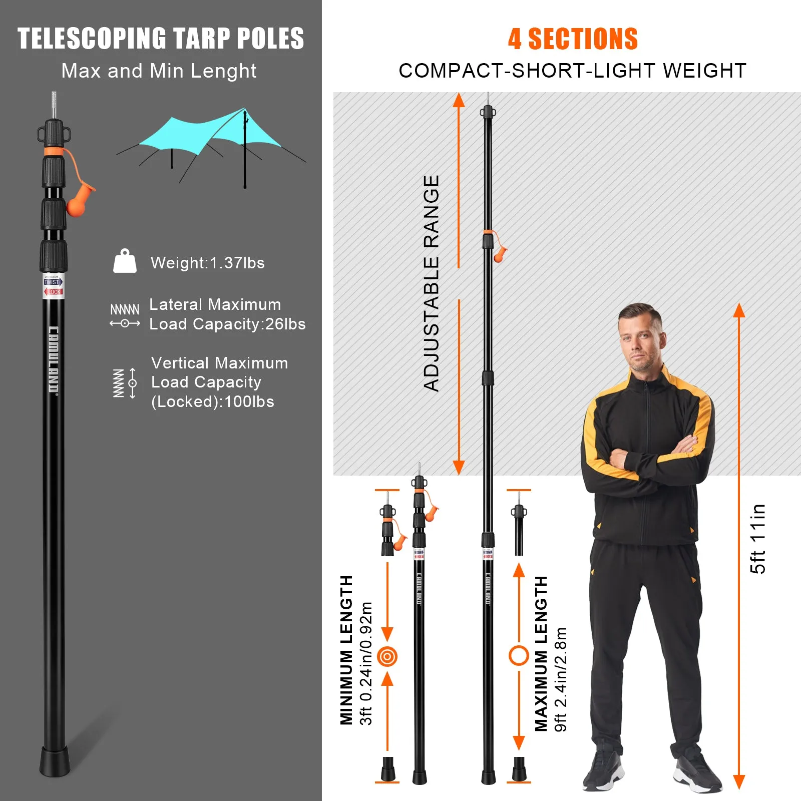 CAMULAND Heavy Duty Trap Poles Set, Adjustable, Lightweight and Portable(Black)