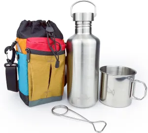 Canteen 42oz Single Wall Water Bottle with Insulated Carrier and 24oz Nested Camping Cup, Bushcraft Gear, Wide Mouth, Survival Gear, Boiler, Self Reliance, 304 Stainless Steel, Water-resistant