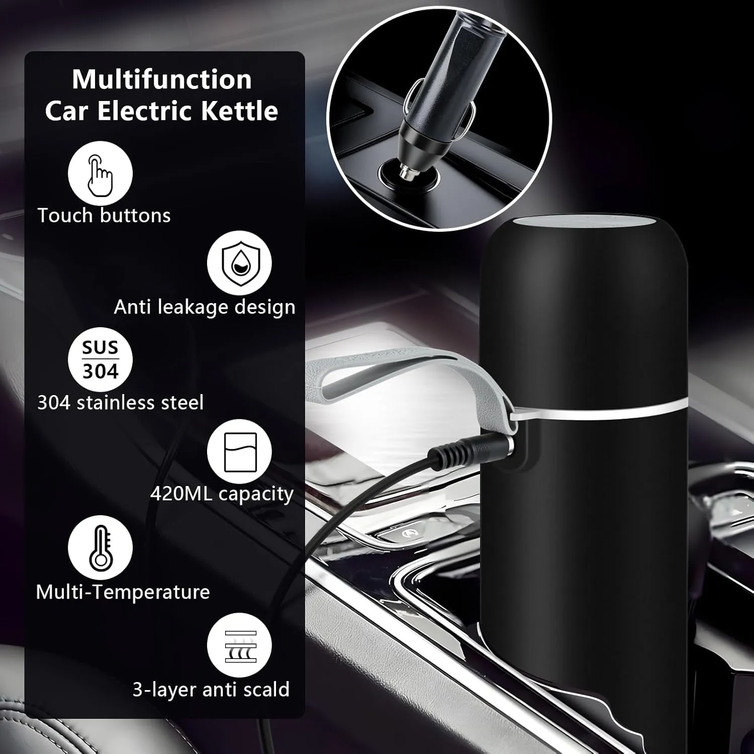 Car Kettle, 12V/24V Portable Electric Travel Kettle 420ML & 304 Stainless Steel Water Boiler with Built-in Magnetic Induction Stirring Temperature Adjustable Bottle Warmer for Tea Coffee Milk