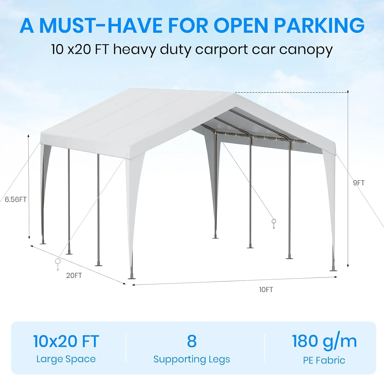 Carport 10x20 Heavy Duty Portable Garage,Galvanized Frame Carport Canopy,Portable Garages and Shelters with 8 Leg&4 Wind Rope,Car Tent Garage with All-Season Tarp for Boat Truck Bike,Without Sidewall