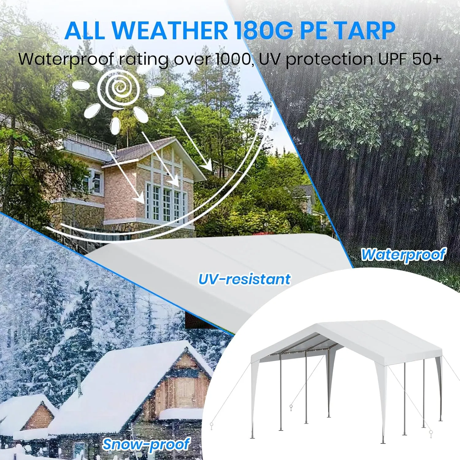 Carport 10x20 Heavy Duty Portable Garage,Galvanized Frame Carport Canopy,Portable Garages and Shelters with 8 Leg&4 Wind Rope,Car Tent Garage with All-Season Tarp for Boat Truck Bike,Without Sidewall