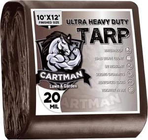CARTMAN Finished Size 10x12 Feet Extra Thick 20 Mil Brown Ultra Heavy Duty Poly Tarp, Multipurpose Protective Cover, UV Resistant, Waterproof Poly Tarpaulin with Reinforced Edges