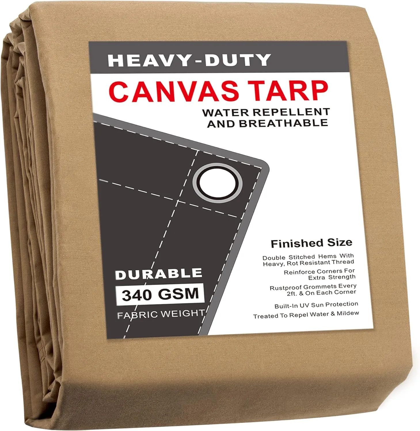 CARTMAN Finished Size 5x7 Feet Tan Canvas Tarp with Rustproof Grommets, 12 Oz Heavy Duty Multipurpose Tarpaulin Cover for Canopy Tent, Roof, Camping, Woodpile