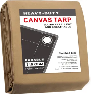CARTMAN Finished Size 5x7 Feet Tan Canvas Tarp with Rustproof Grommets, 12 Oz Heavy Duty Multipurpose Tarpaulin Cover for Canopy Tent, Roof, Camping, Woodpile
