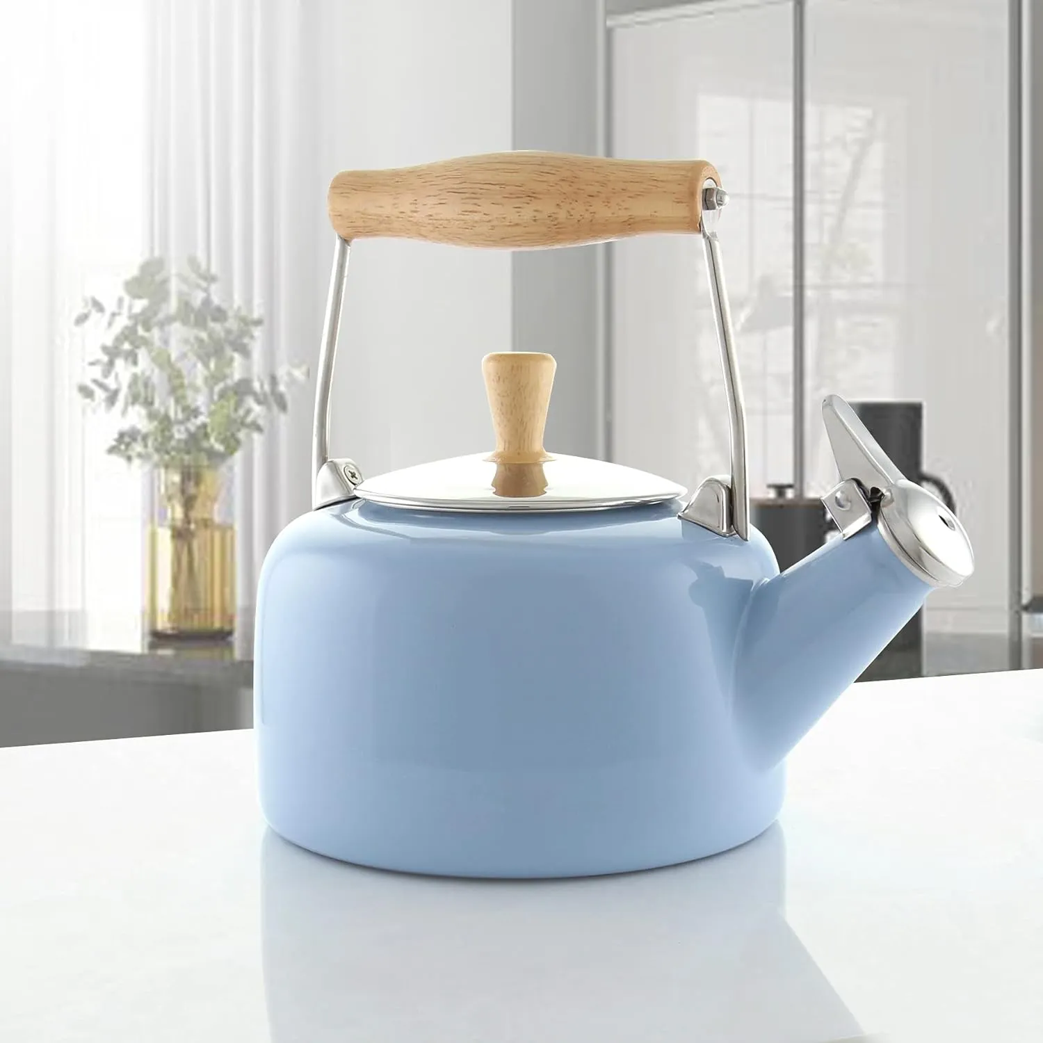 Chantal SVEN Enamel on Steel Whistling Teakettle with Natural Wood handle, 1.4 quarts (Glacier Blue)