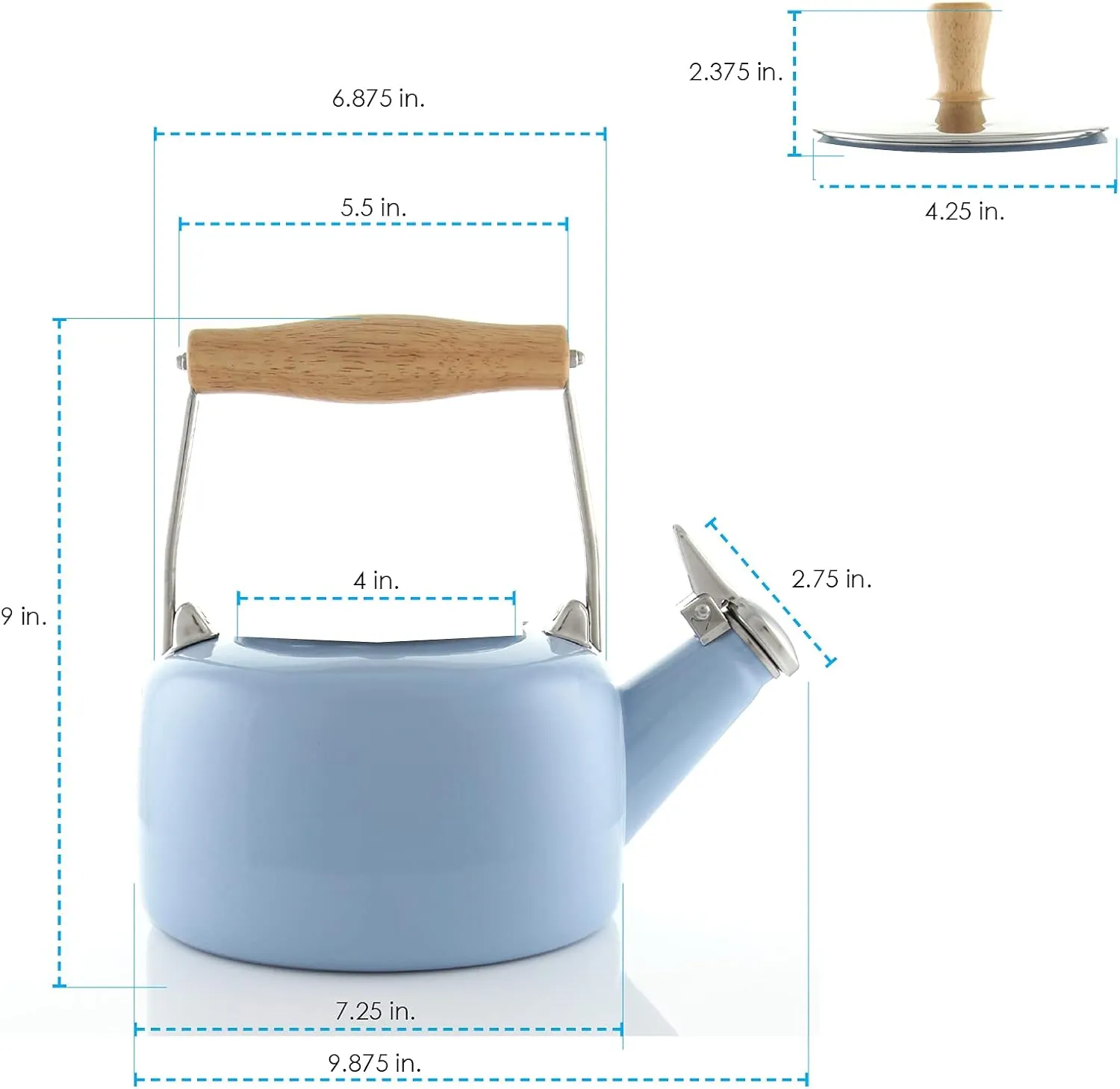 Chantal SVEN Enamel on Steel Whistling Teakettle with Natural Wood handle, 1.4 quarts (Glacier Blue)