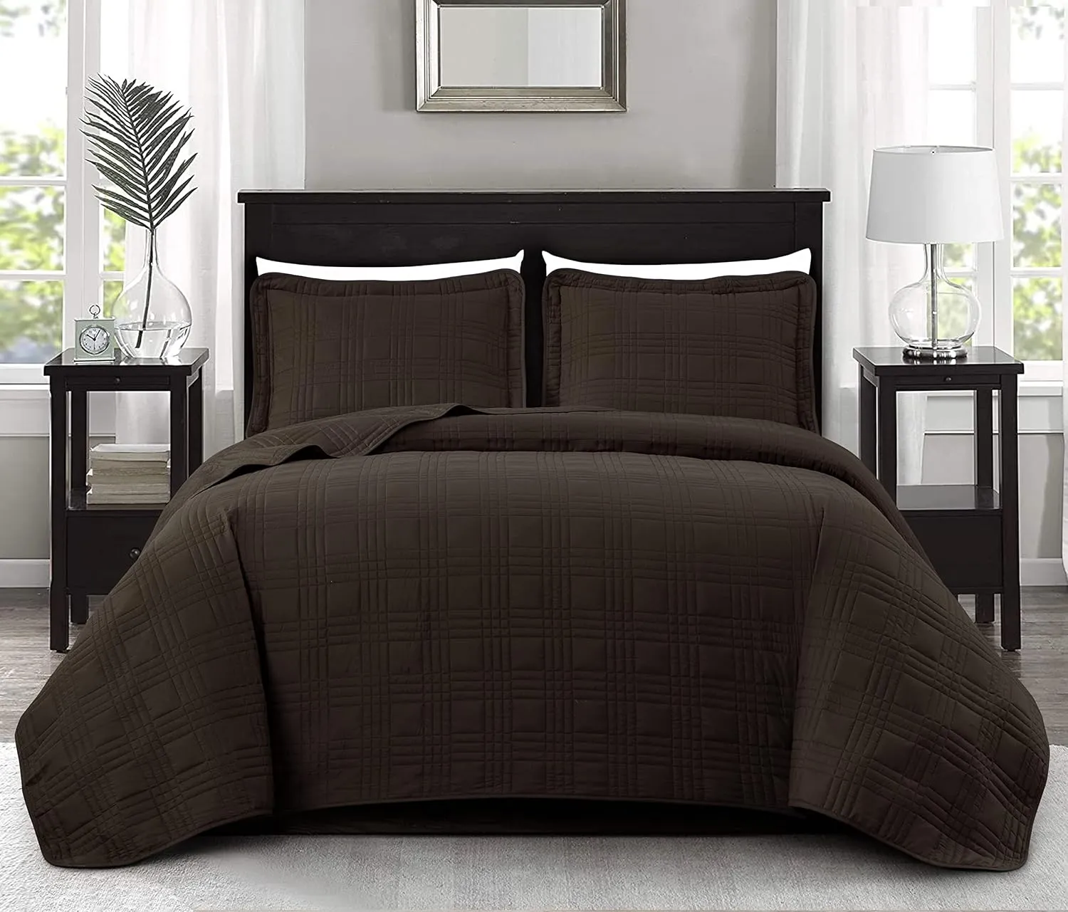 Chezmoi Collection Kingston Queen Size Bedspread Set, 3-Piece Brown Oversized Quilted Microfiber Lightweight Bedspread Coverlet (100"x106") for All Seasons