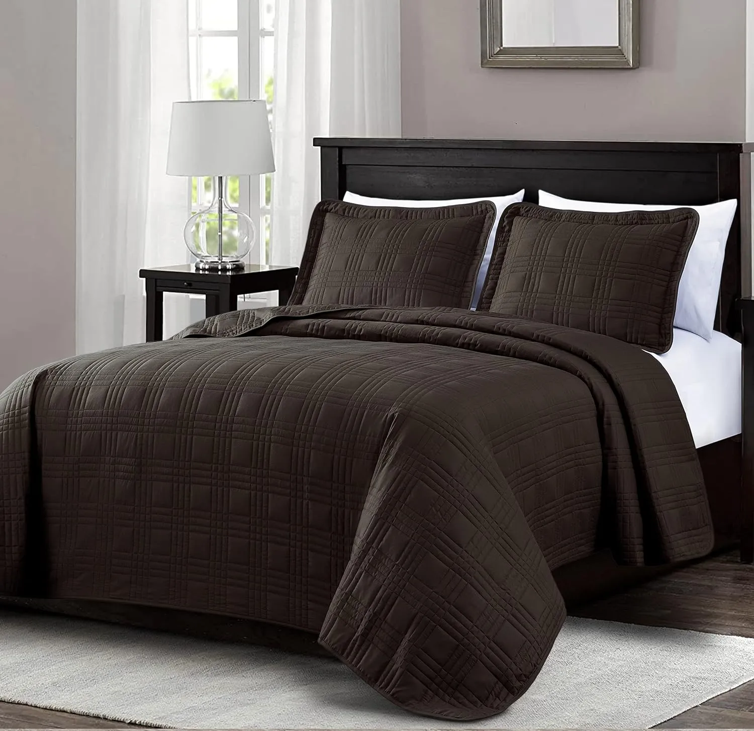 Chezmoi Collection Kingston Queen Size Bedspread Set, 3-Piece Brown Oversized Quilted Microfiber Lightweight Bedspread Coverlet (100"x106") for All Seasons