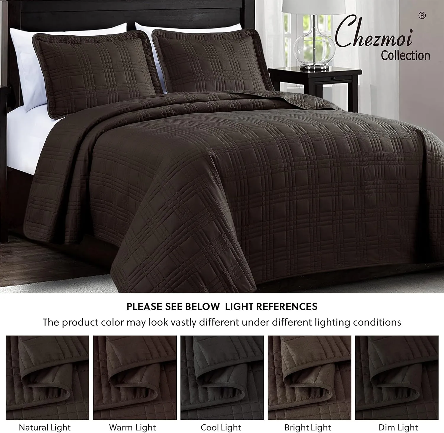 Chezmoi Collection Kingston Queen Size Bedspread Set, 3-Piece Brown Oversized Quilted Microfiber Lightweight Bedspread Coverlet (100"x106") for All Seasons