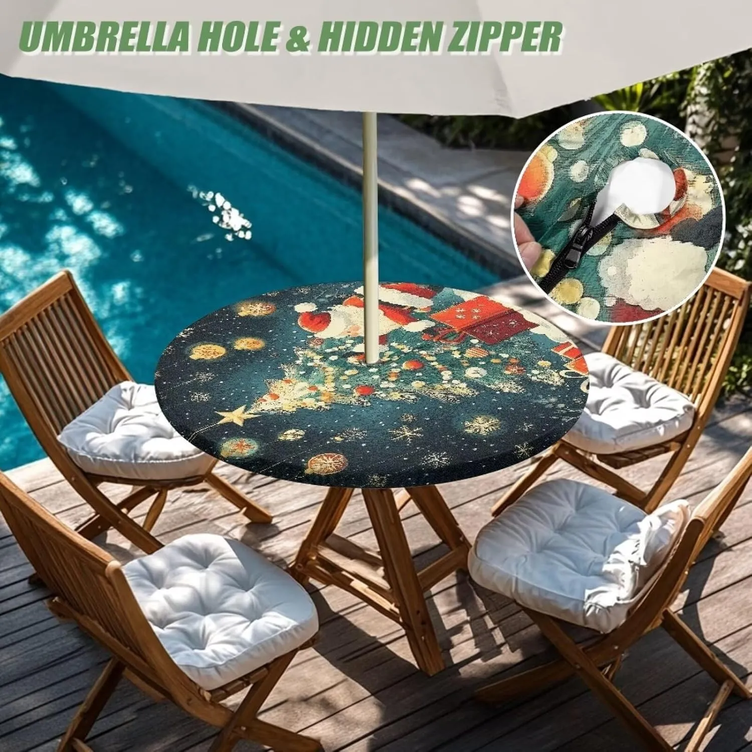 Christmas Tree Outdoor Tablecloth Windproof Round Table Cloth with Umbrella Hole Merry Christmas Wipeable Table Cloth Table Protector for Patio Picnic