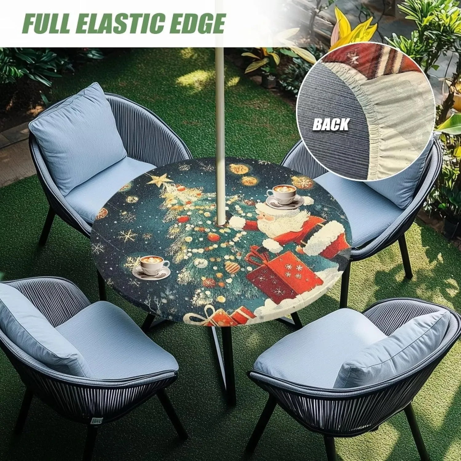 Christmas Tree Outdoor Tablecloth Windproof Round Table Cloth with Umbrella Hole Merry Christmas Wipeable Table Cloth Table Protector for Patio Picnic