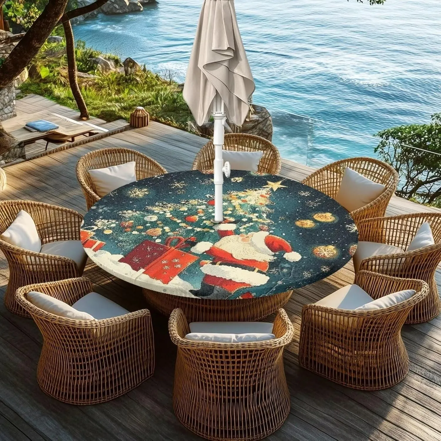Christmas Tree Outdoor Tablecloth Windproof Round Table Cloth with Umbrella Hole Merry Christmas Wipeable Table Cloth Table Protector for Patio Picnic