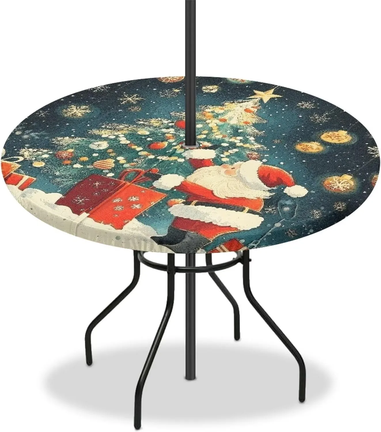 Christmas Tree Outdoor Tablecloth Windproof Round Table Cloth with Umbrella Hole Merry Christmas Wipeable Table Cloth Table Protector for Patio Picnic