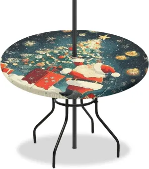 Christmas Tree Outdoor Tablecloth Windproof Round Table Cloth with Umbrella Hole Merry Christmas Wipeable Table Cloth Table Protector for Patio Picnic